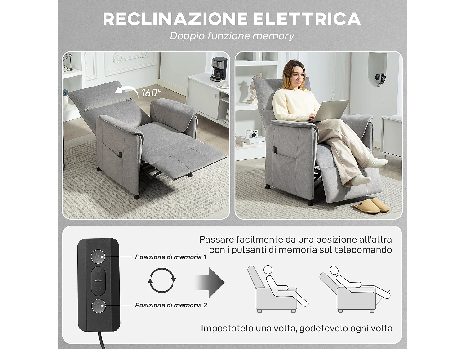 Poltrona reclinabile elettrica brushless con poggiapiedi grigia