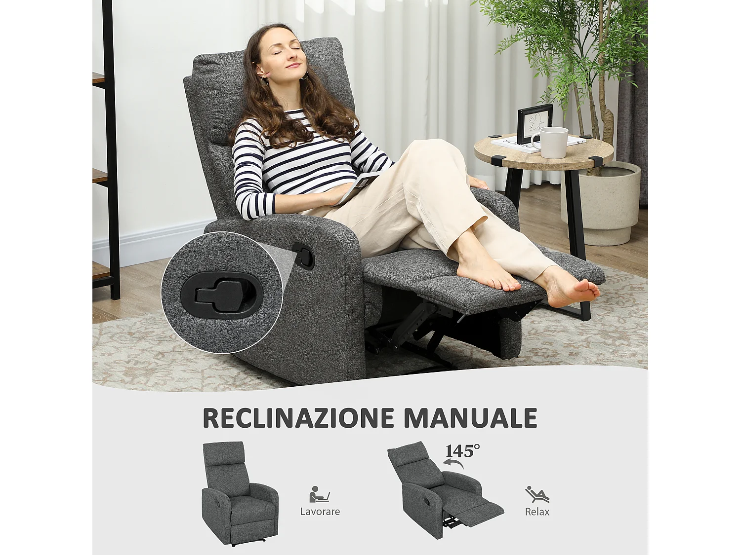 Poltrona moderna reclinabile 145° max rivestita in ciniglia grigia