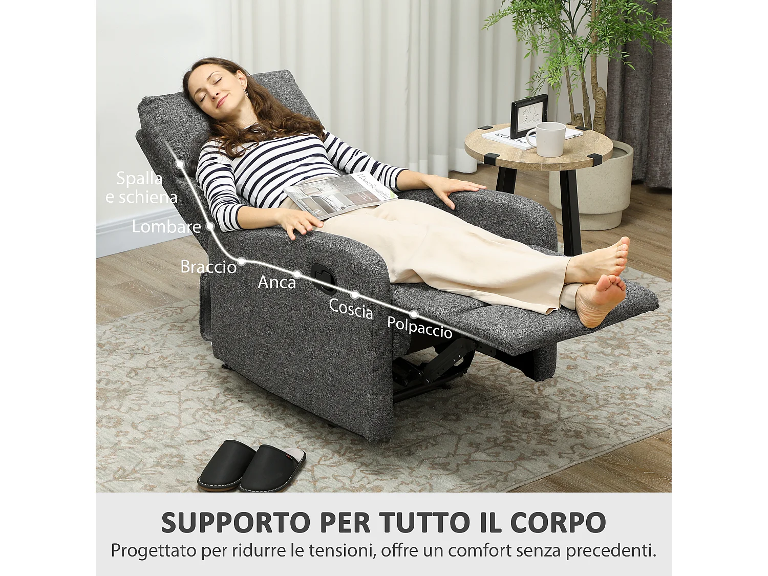 Poltrona moderna reclinabile 145° max rivestita in ciniglia grigia