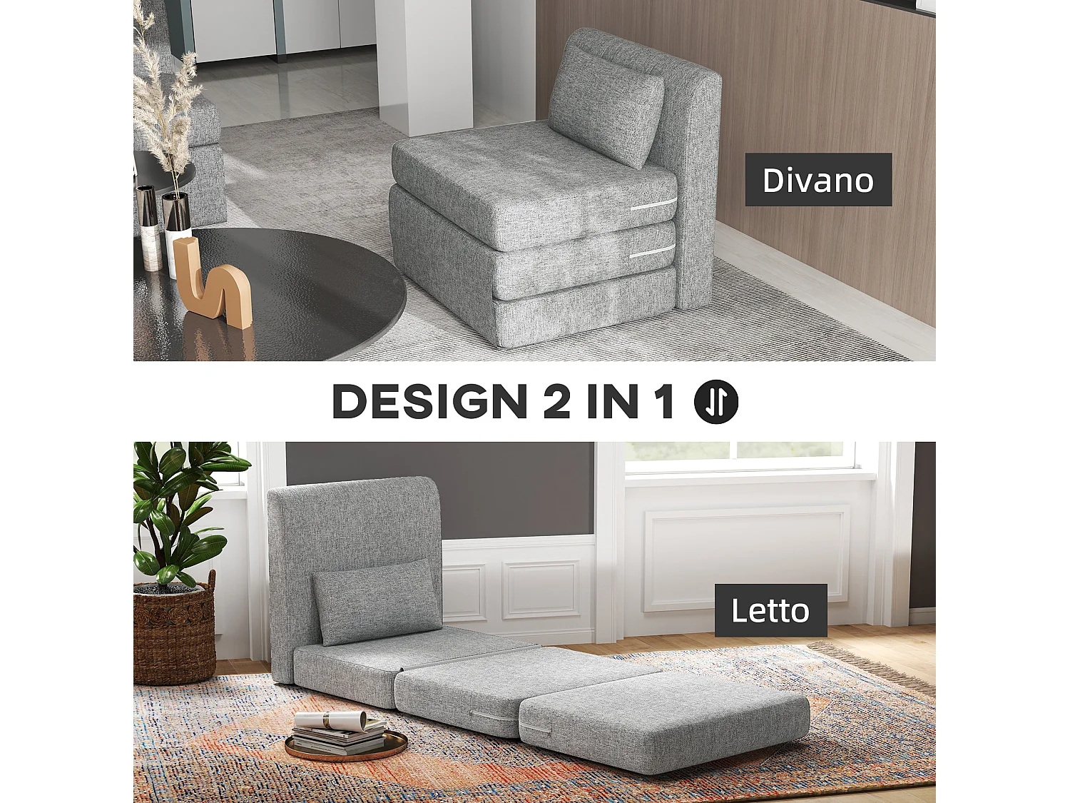 Poltrona letto pieghevole da terra a 3 sezioni in tessuto grigio