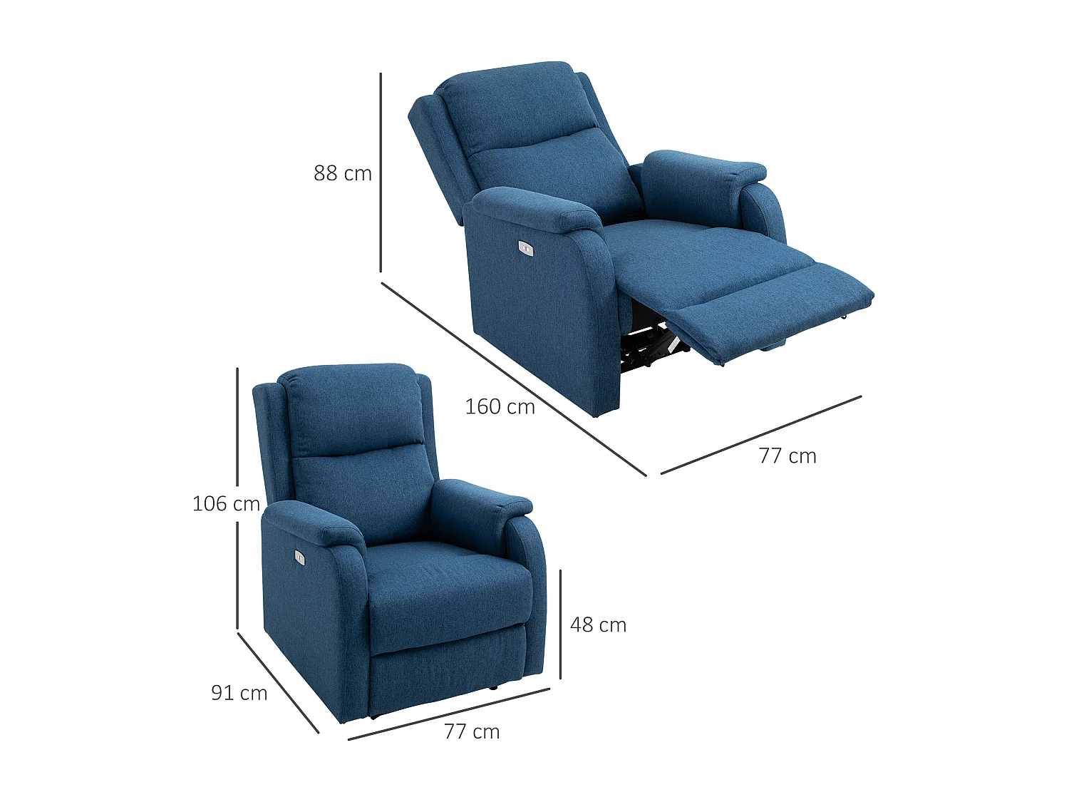 Poltrona reclinabile elettrica con schienale in lino blu