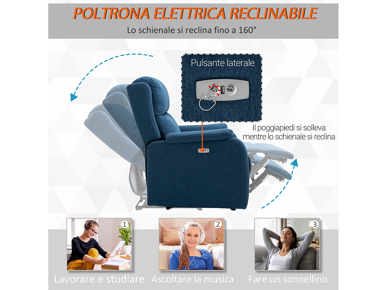 Poltrona reclinabile elettrica con schienale in lino blu