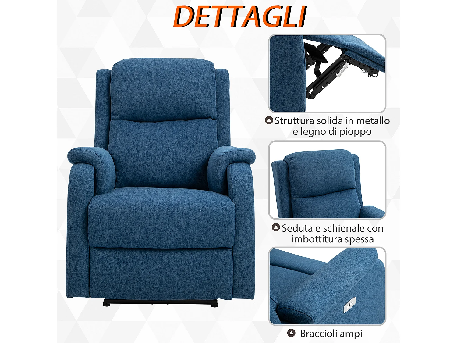 Poltrona reclinabile elettrica con schienale in lino blu