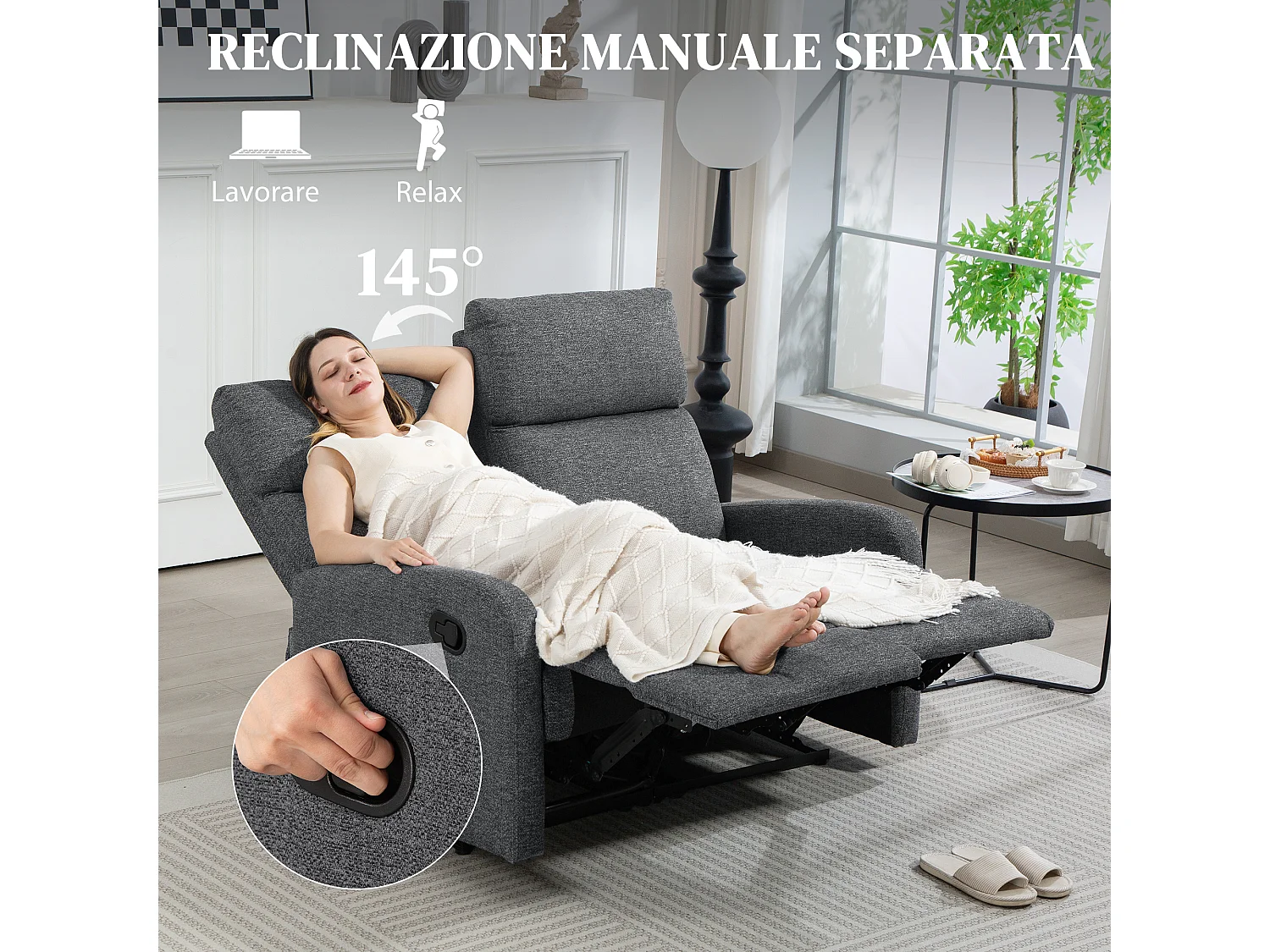 Divano 2 posti reclinabile a 145° rivestito in ciniglia grigia