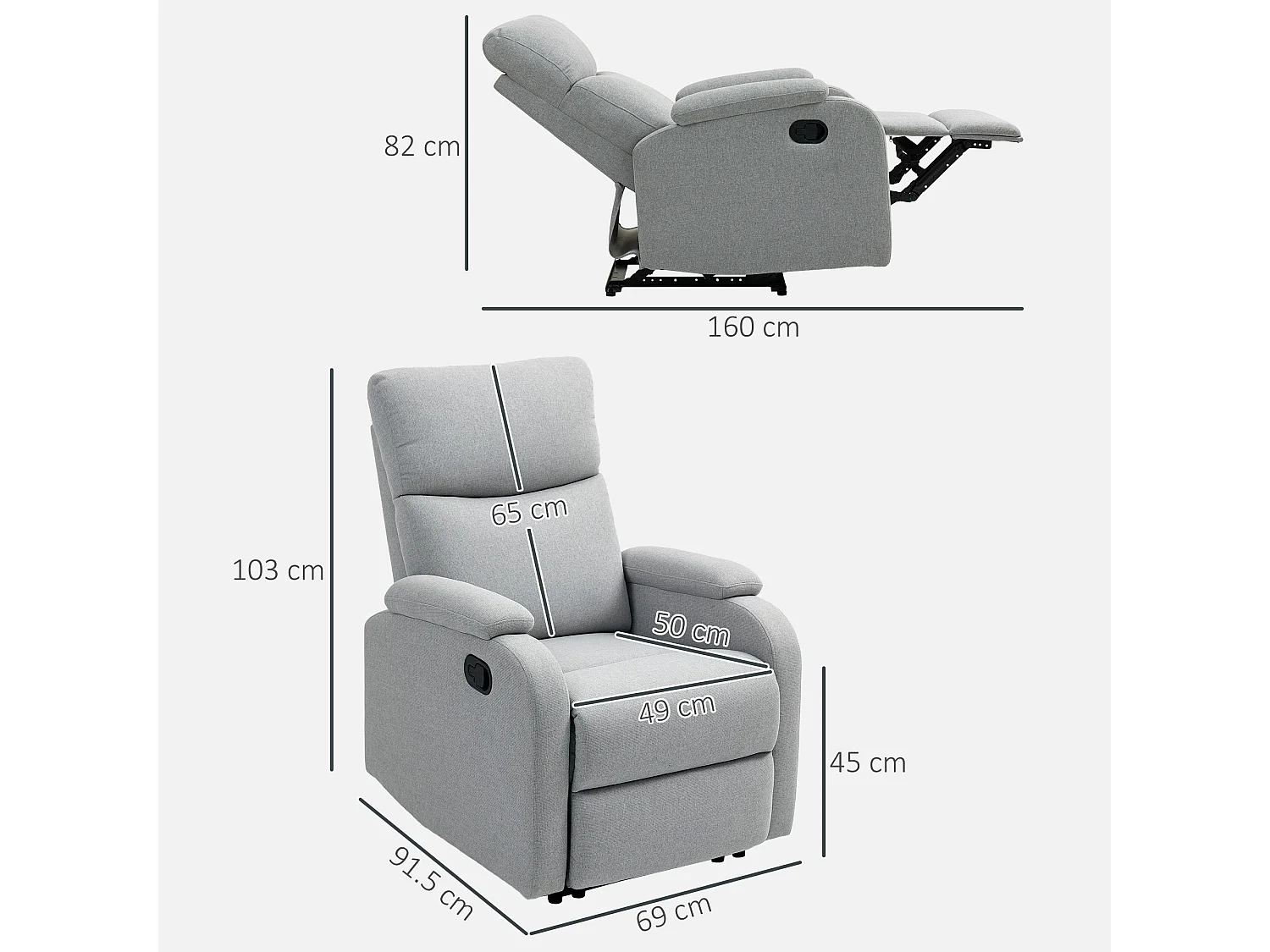 Poltrona reclinabile manualmente con poggiapiedi in tessuto grigio