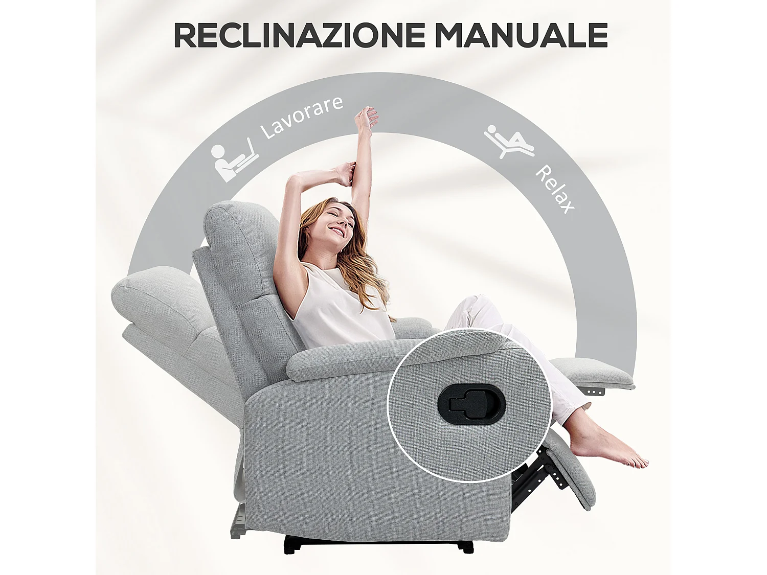 Poltrona reclinabile manualmente con poggiapiedi in tessuto grigio
