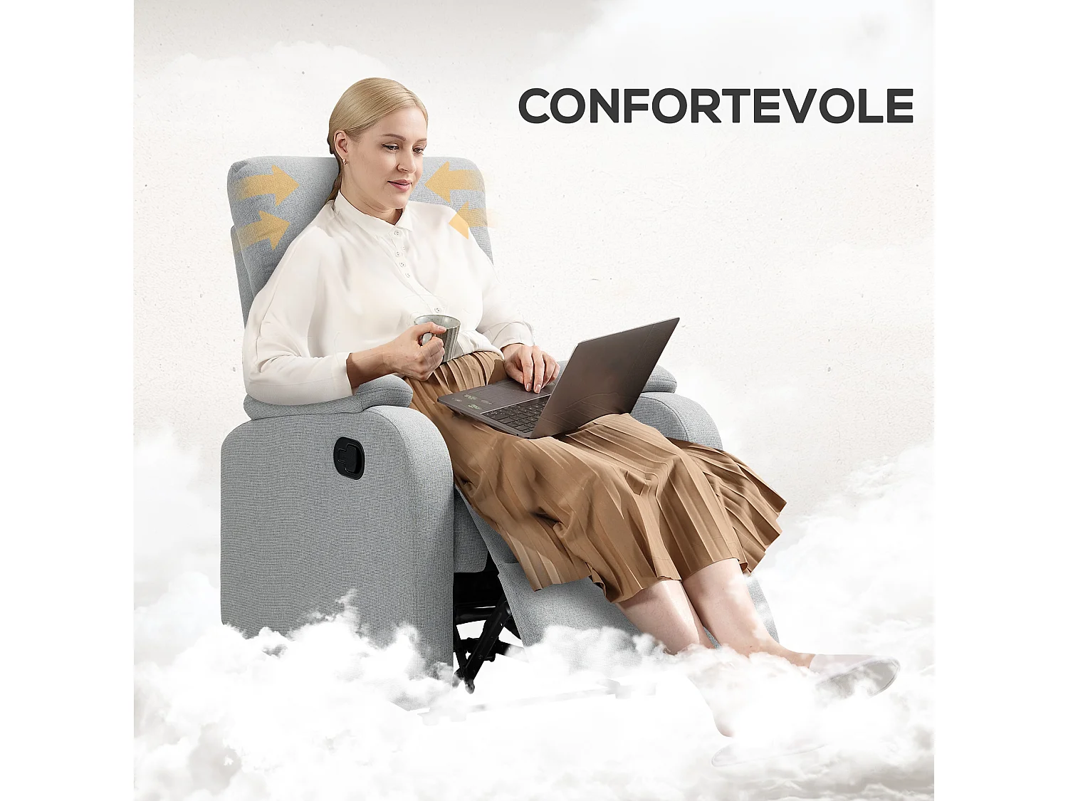 Poltrona reclinabile manualmente con poggiapiedi in tessuto grigio