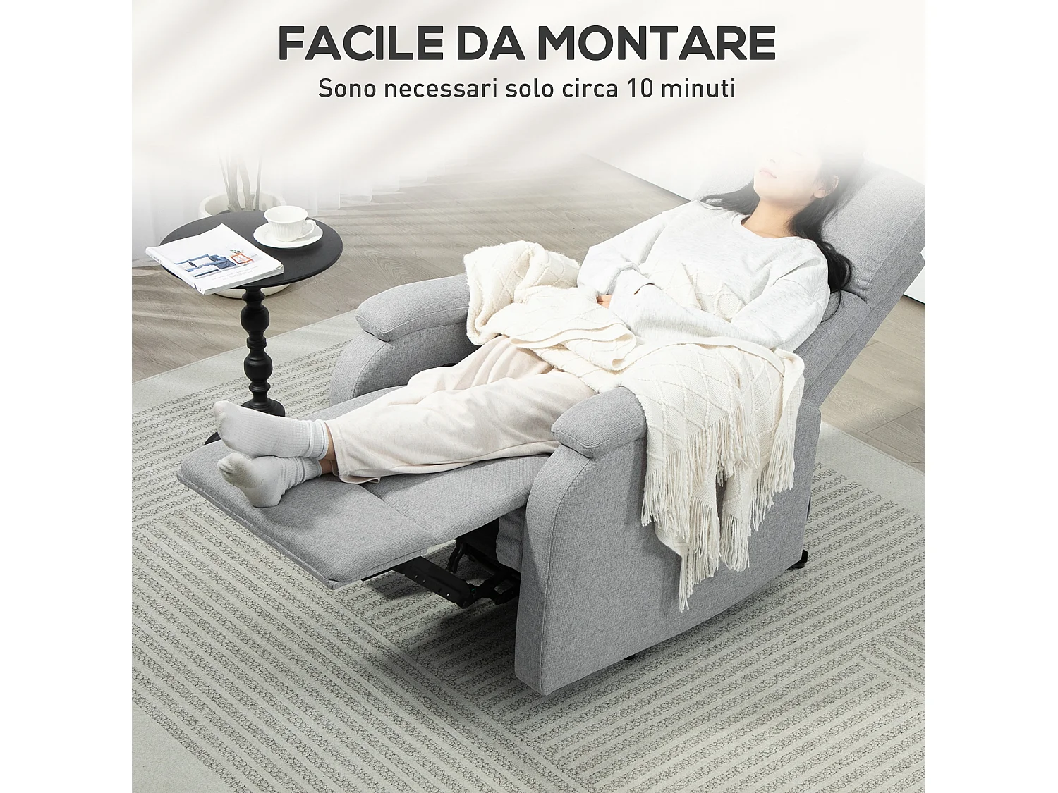 Poltrona reclinabile manualmente con poggiapiedi in tessuto grigio