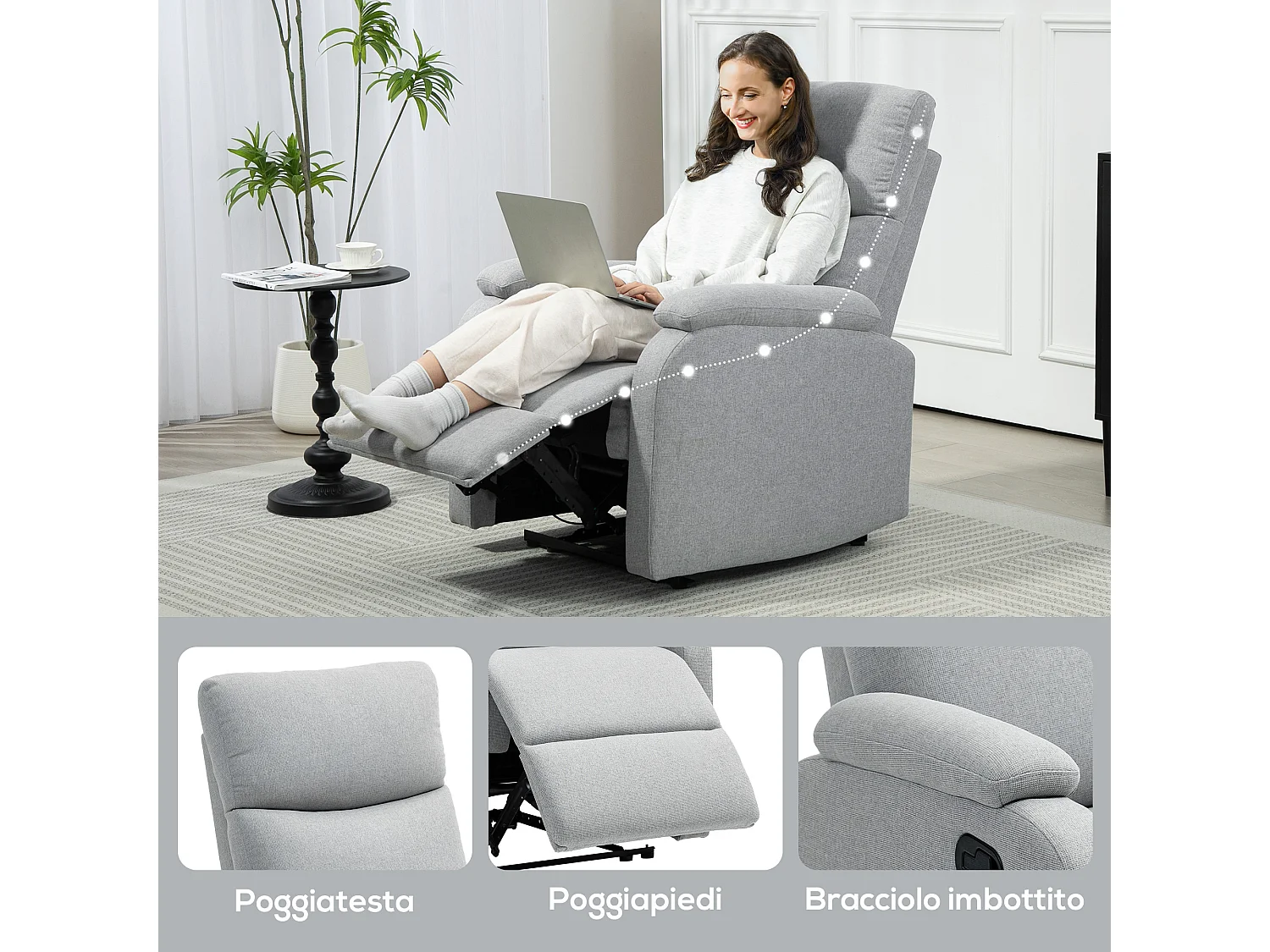 Poltrona reclinabile manualmente con poggiapiedi in tessuto grigio