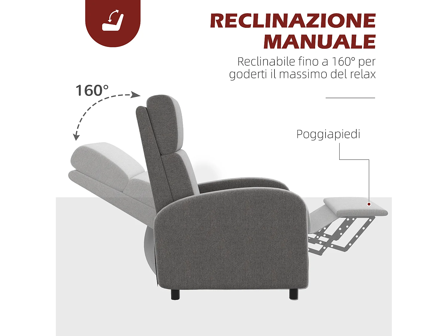 Poltrona reclinabile 160° in tessuto effetto lino grigio