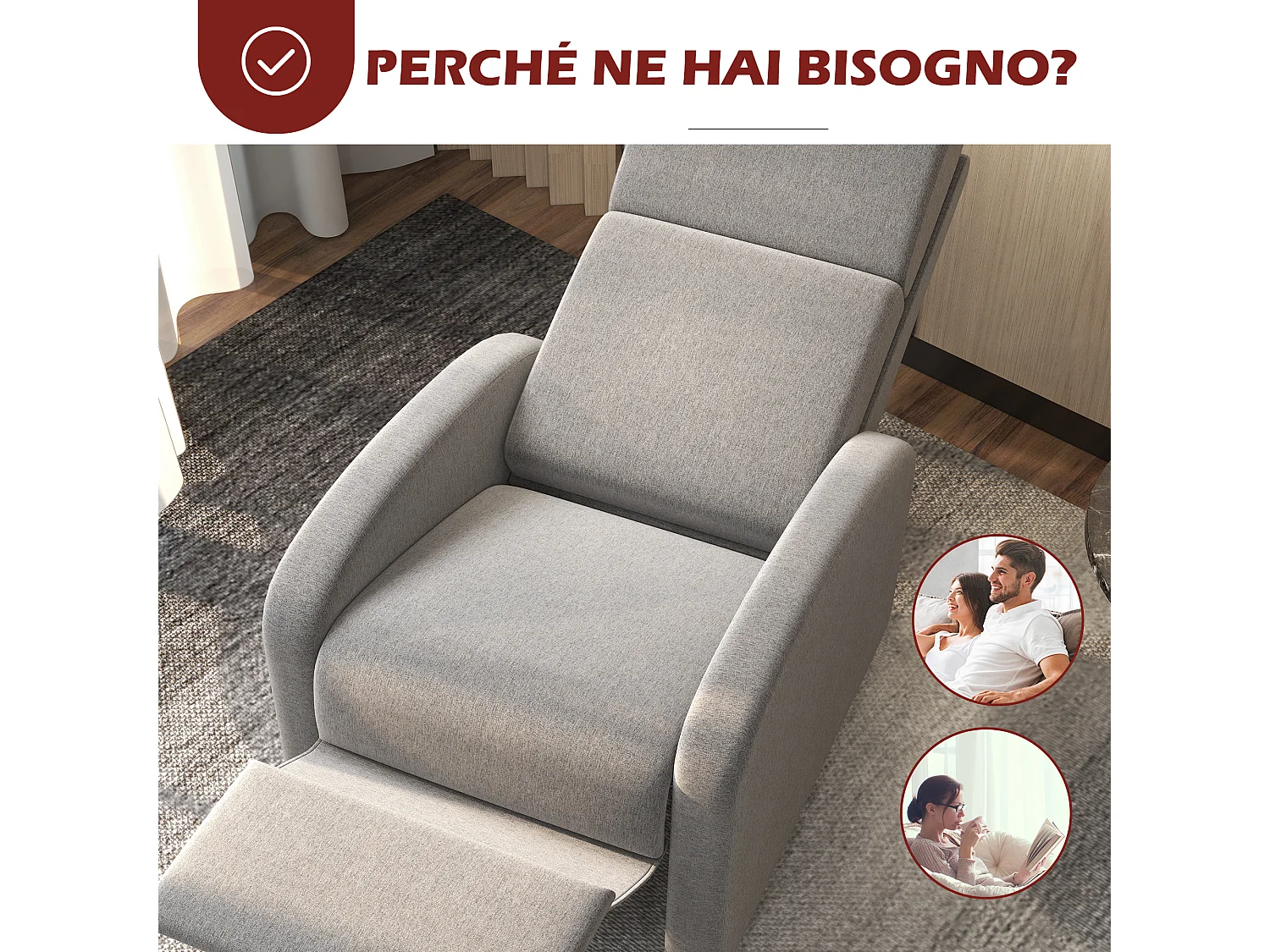 Poltrona reclinabile 160° in tessuto effetto lino grigio