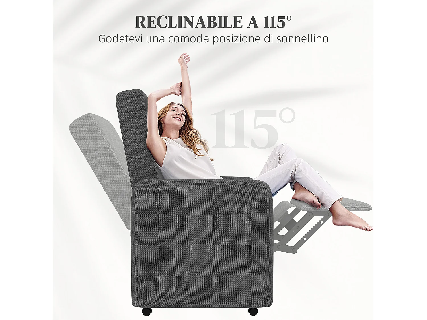 Poltrona reclinabile 115° max con poggiapiedi 76x78.5x102 cm grigio