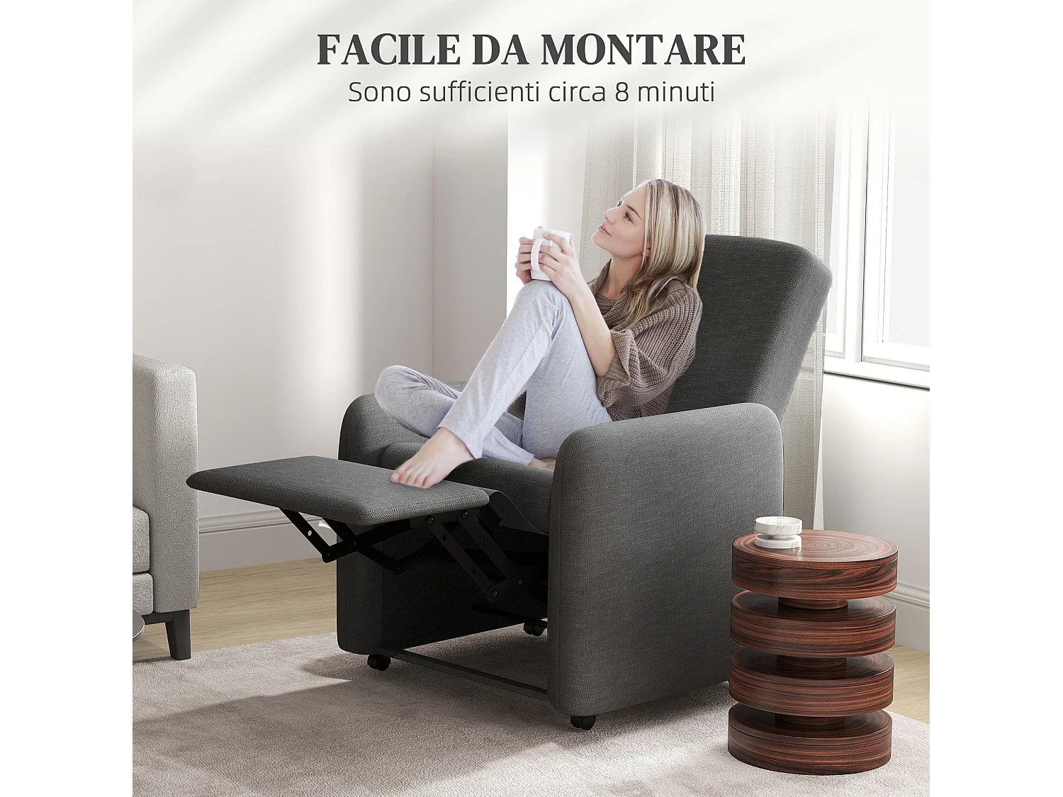 Poltrona reclinabile 115° max con poggiapiedi 76x78.5x102 cm grigio