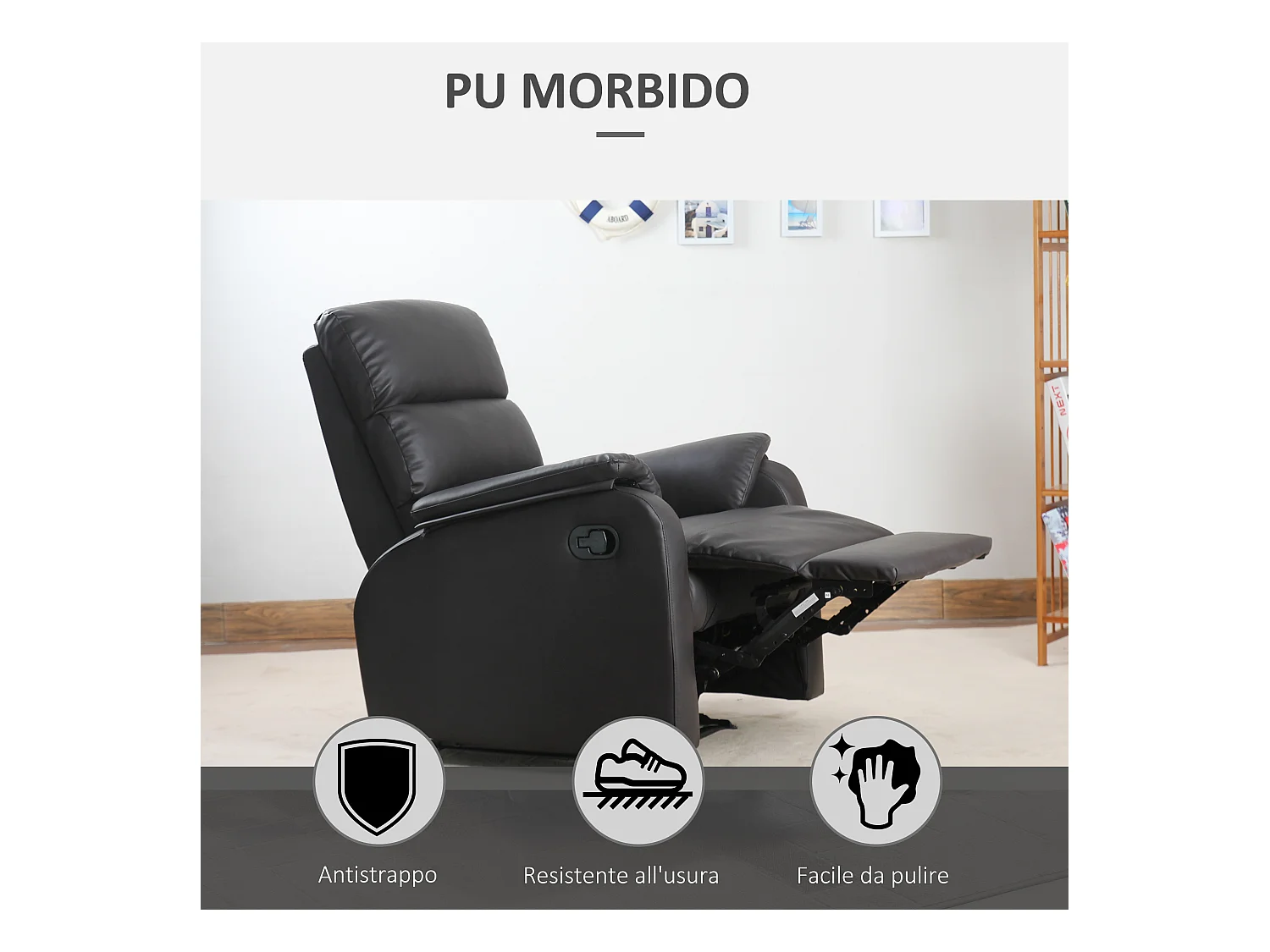 Poltrona reclinabile manualmente in similpelle  marrone