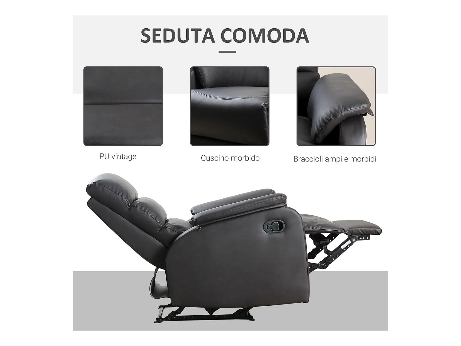 Poltrona reclinabile manualmente in similpelle  marrone