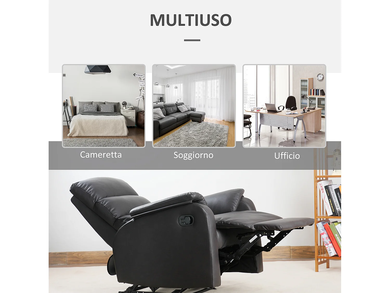 Poltrona reclinabile manualmente in similpelle  marrone