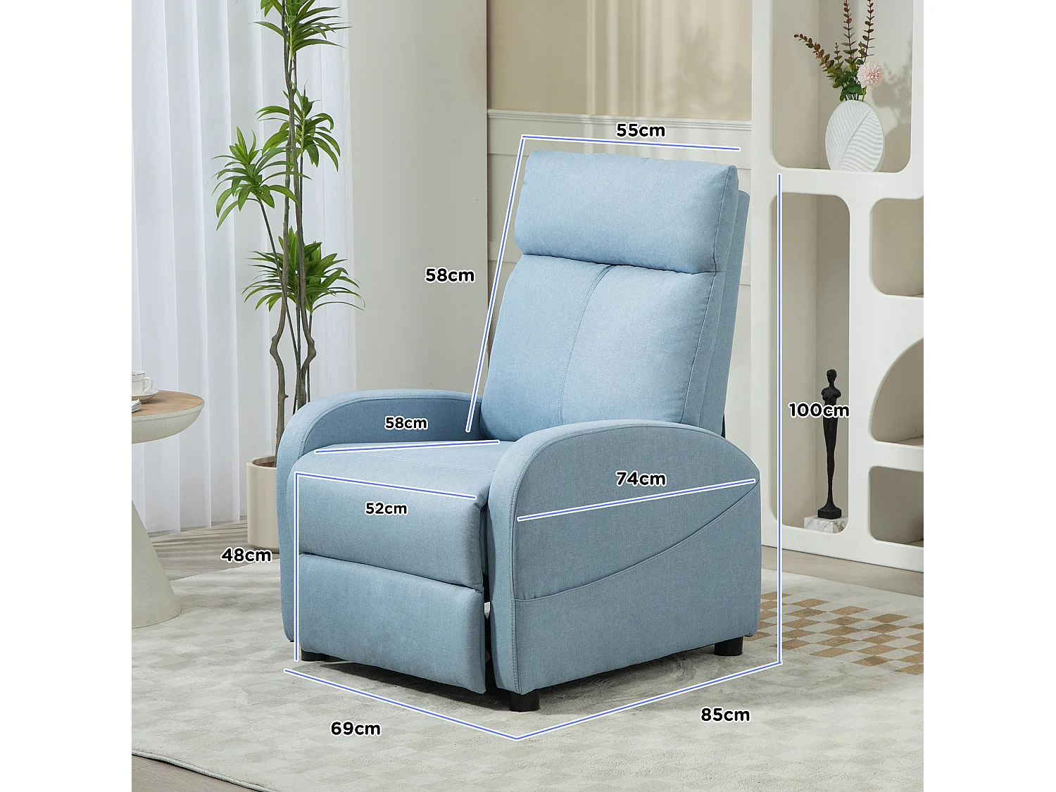 Poltrona relax reclinabile con poggiapiedi in tessuto azzurro