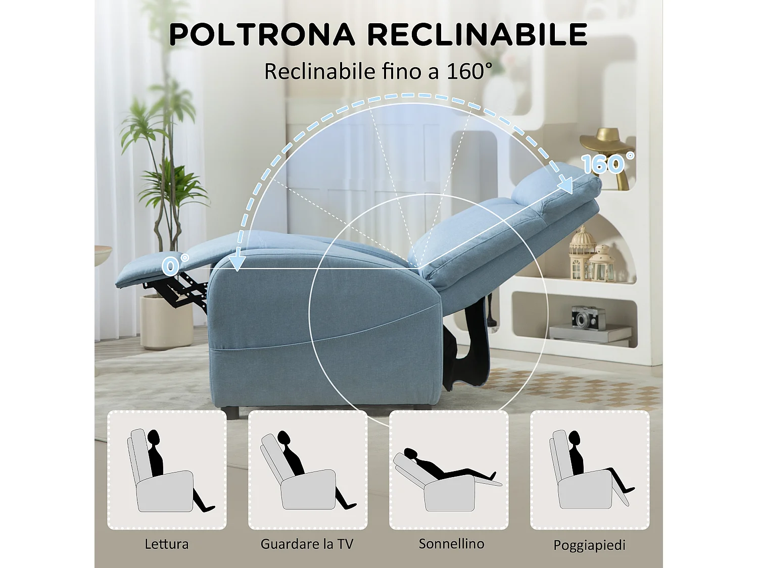 Poltrona relax reclinabile con poggiapiedi in tessuto azzurro