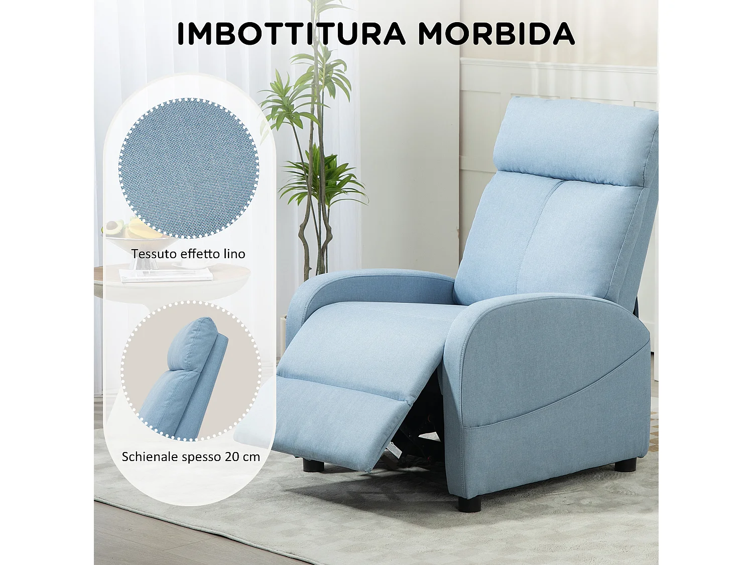 Poltrona relax reclinabile con poggiapiedi in tessuto azzurro