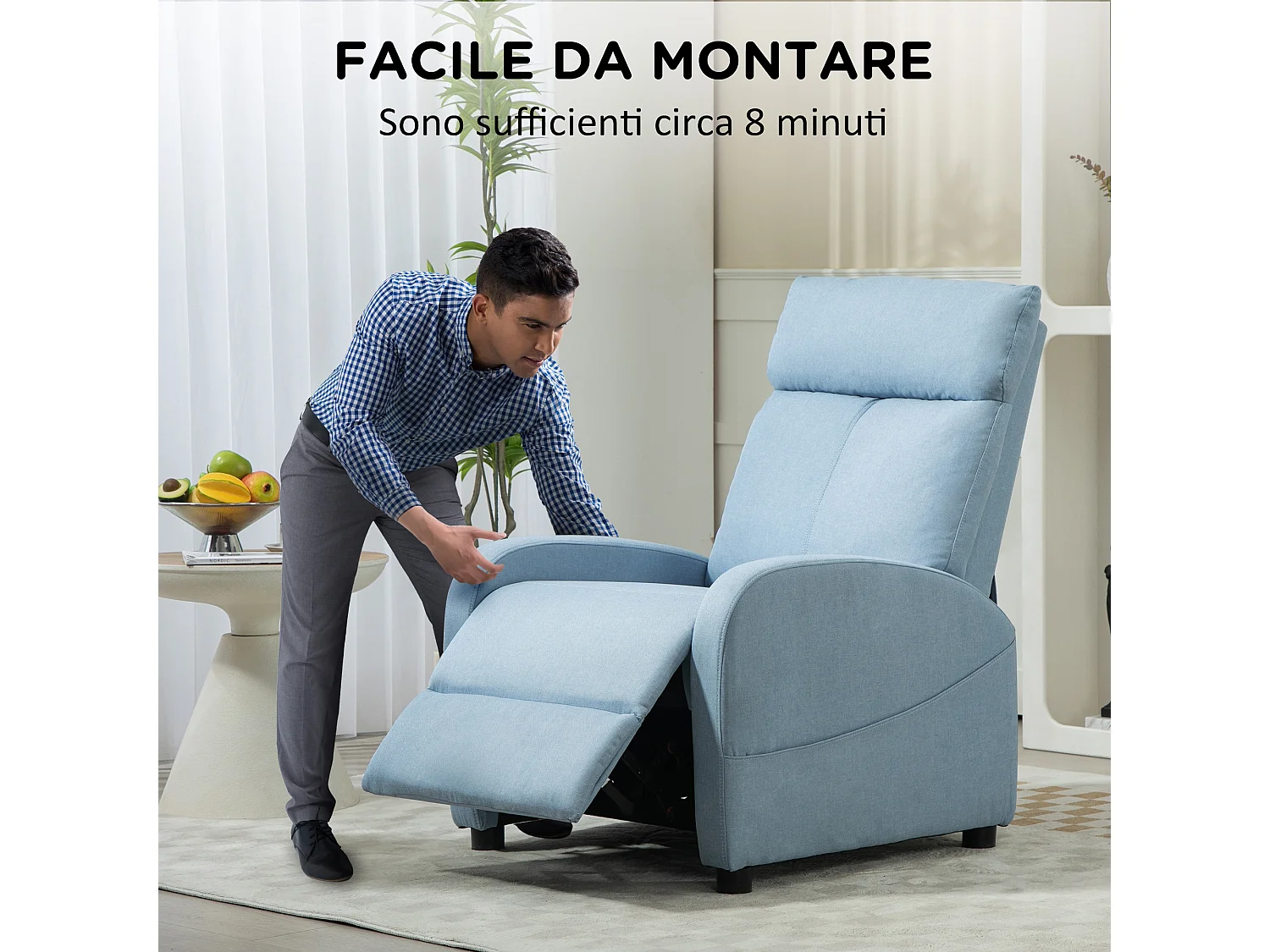 Poltrona relax reclinabile con poggiapiedi in tessuto azzurro