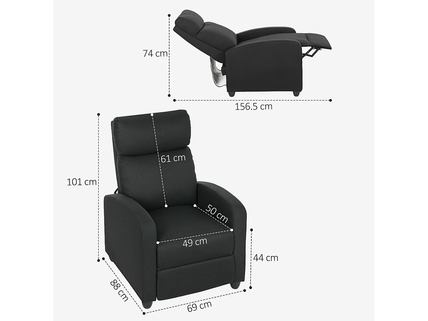 Poltrona relax reclinabile manualmente con poggiapiedi in tessuto nero