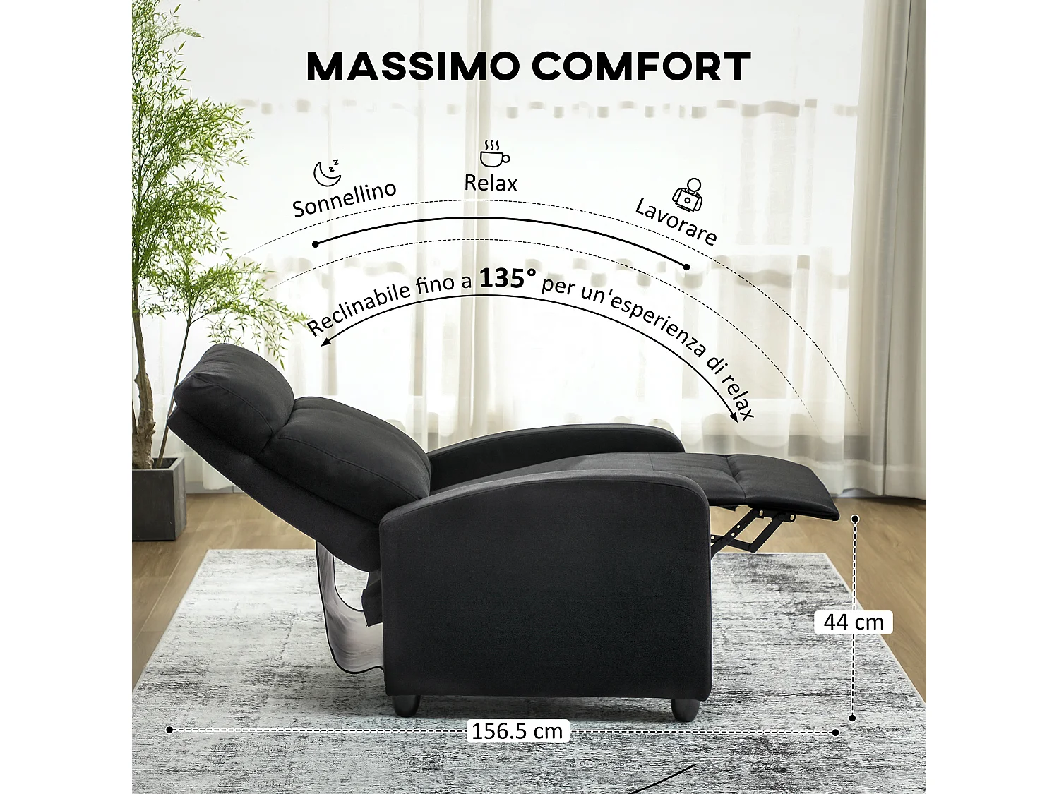 Poltrona relax reclinabile manualmente con poggiapiedi in tessuto nero