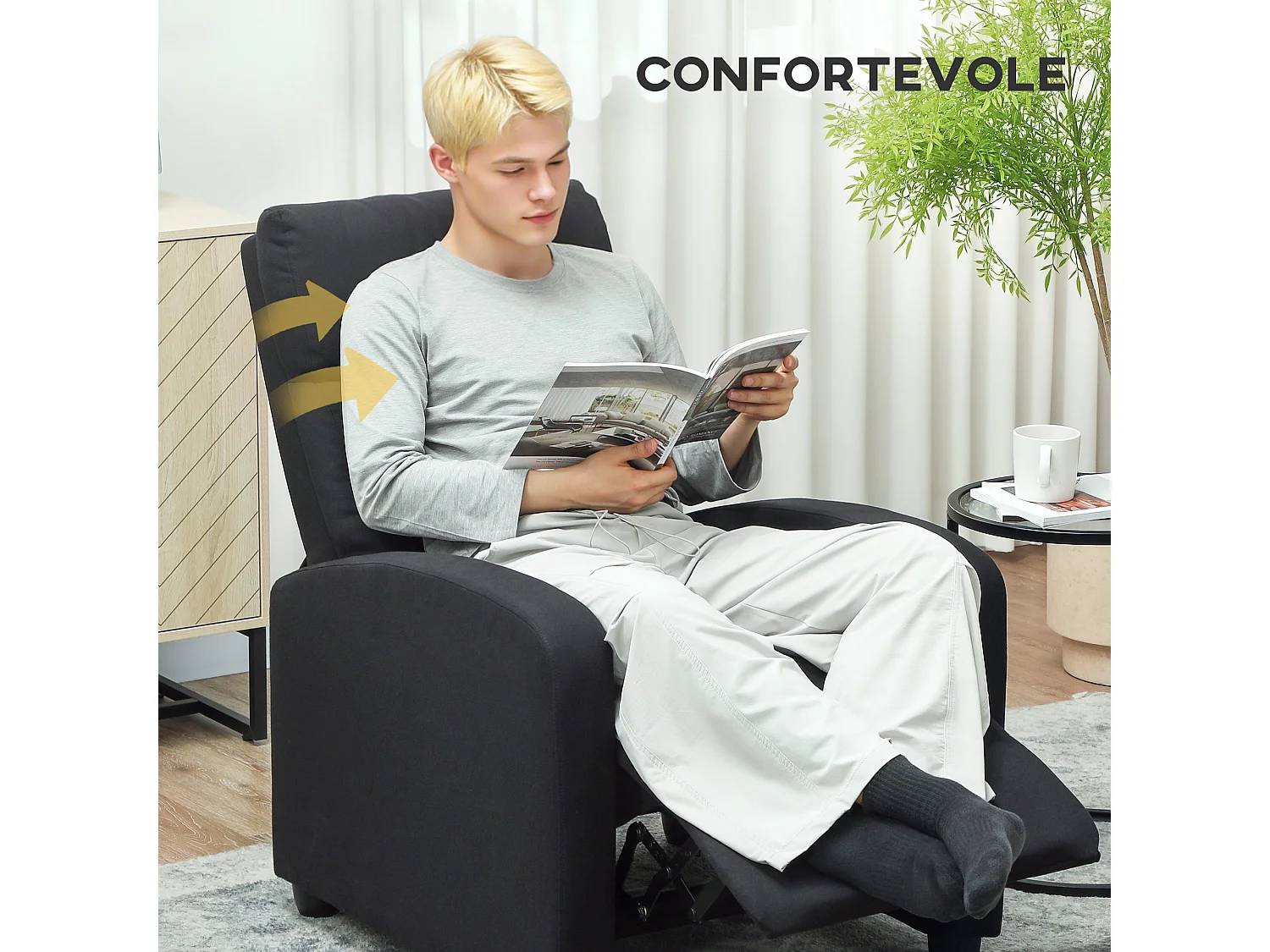 Poltrona relax reclinabile manualmente con poggiapiedi in tessuto nero