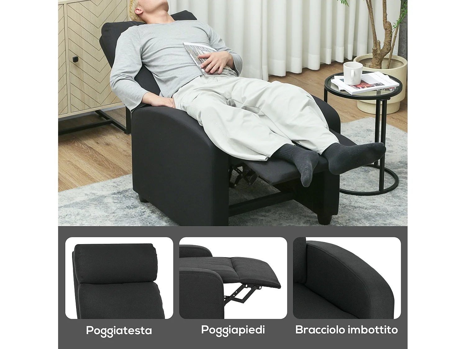 Poltrona relax reclinabile manualmente con poggiapiedi in tessuto nero