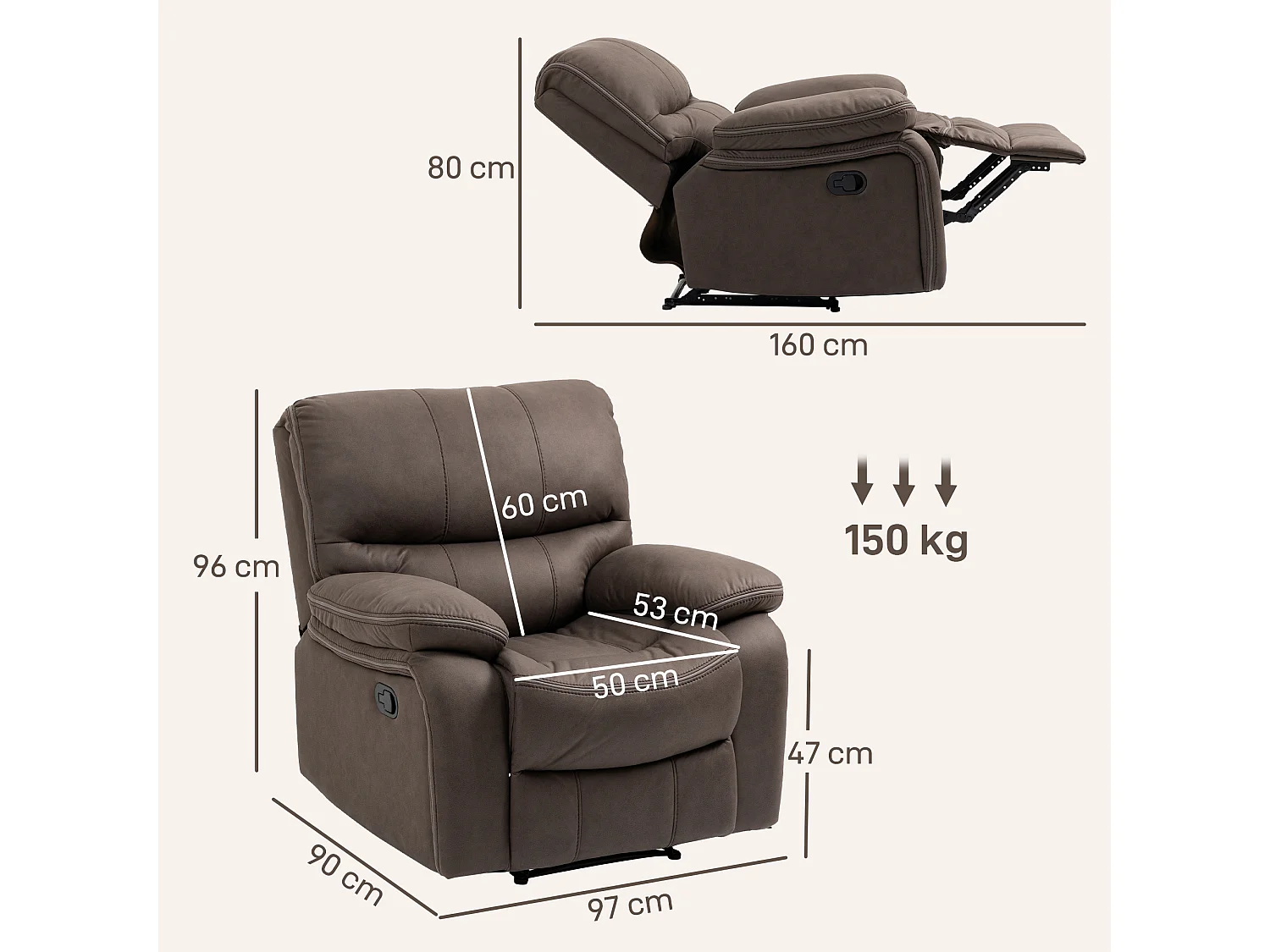 Poltrona relax con reclinazione manuale e poggiapiedi marrone