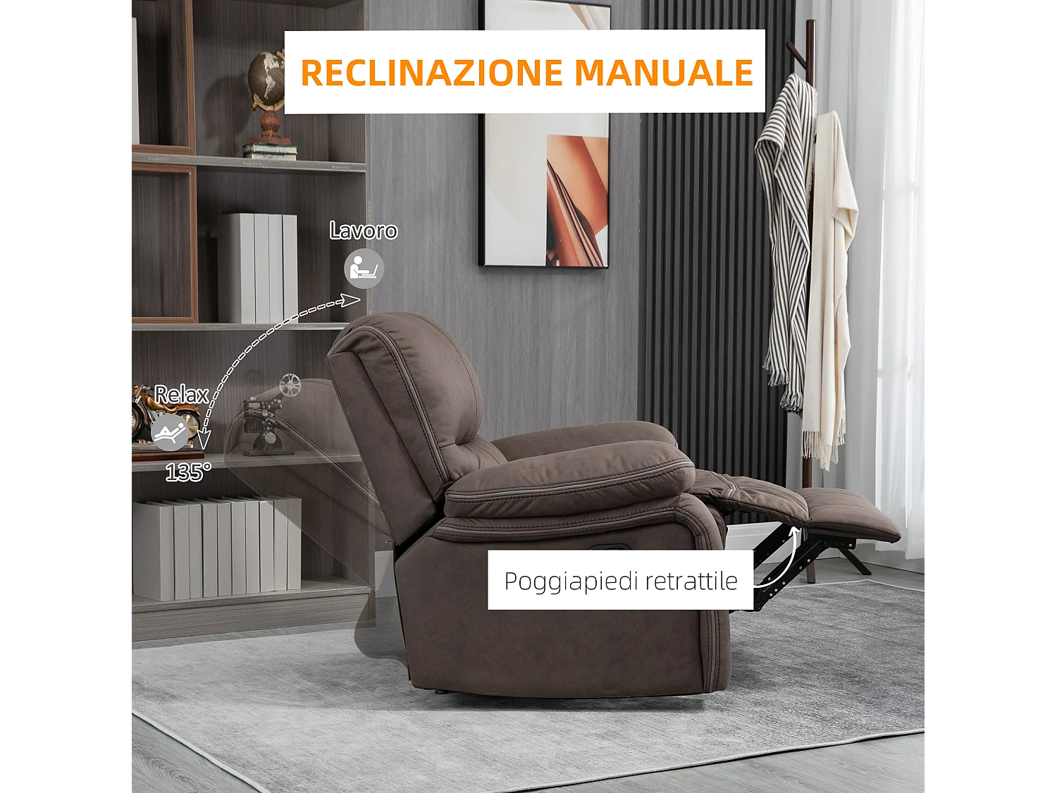 Poltrona relax con reclinazione manuale e poggiapiedi marrone