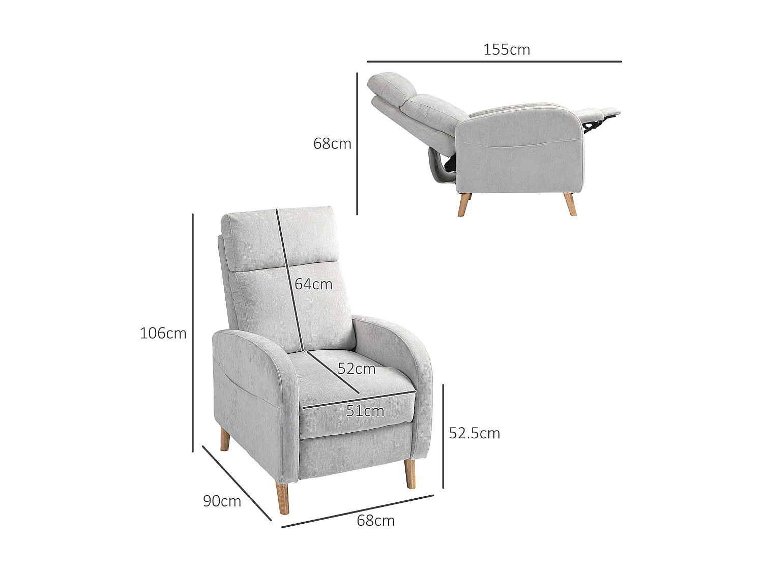 Poltrona reclinabile 150° effetto lino con poggiapiedi grigio chiaro