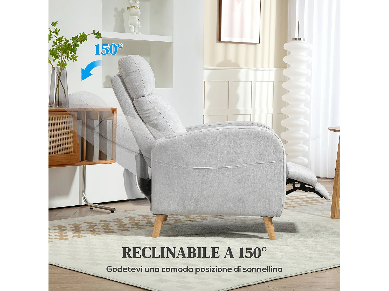 Poltrona reclinabile 150° effetto lino con poggiapiedi grigio chiaro