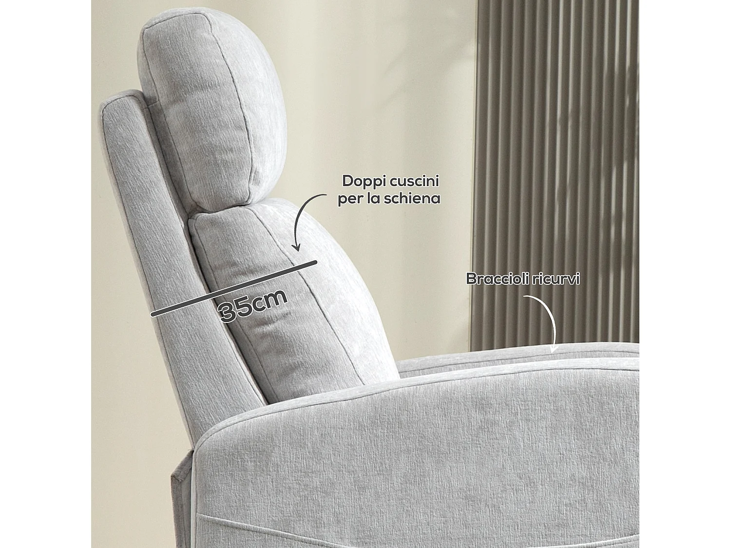 Poltrona reclinabile 150° effetto lino con poggiapiedi grigio chiaro