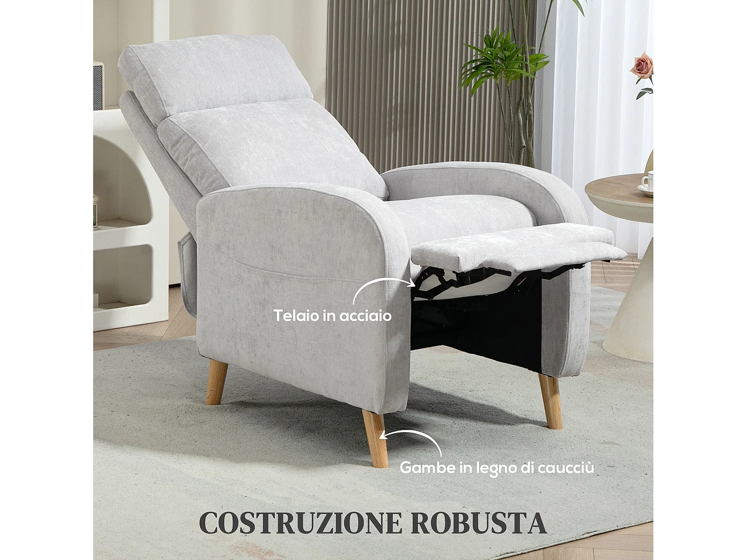 Poltrona reclinabile 150° effetto lino con poggiapiedi grigio chiaro