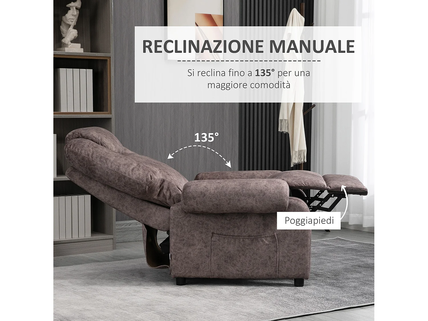 Poltrona relax reclinabile manualmente in tessuto e imbottita
