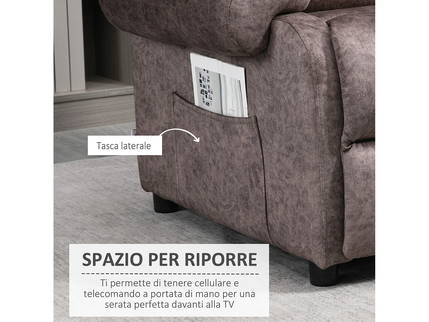 Poltrona relax reclinabile manualmente in tessuto e imbottita