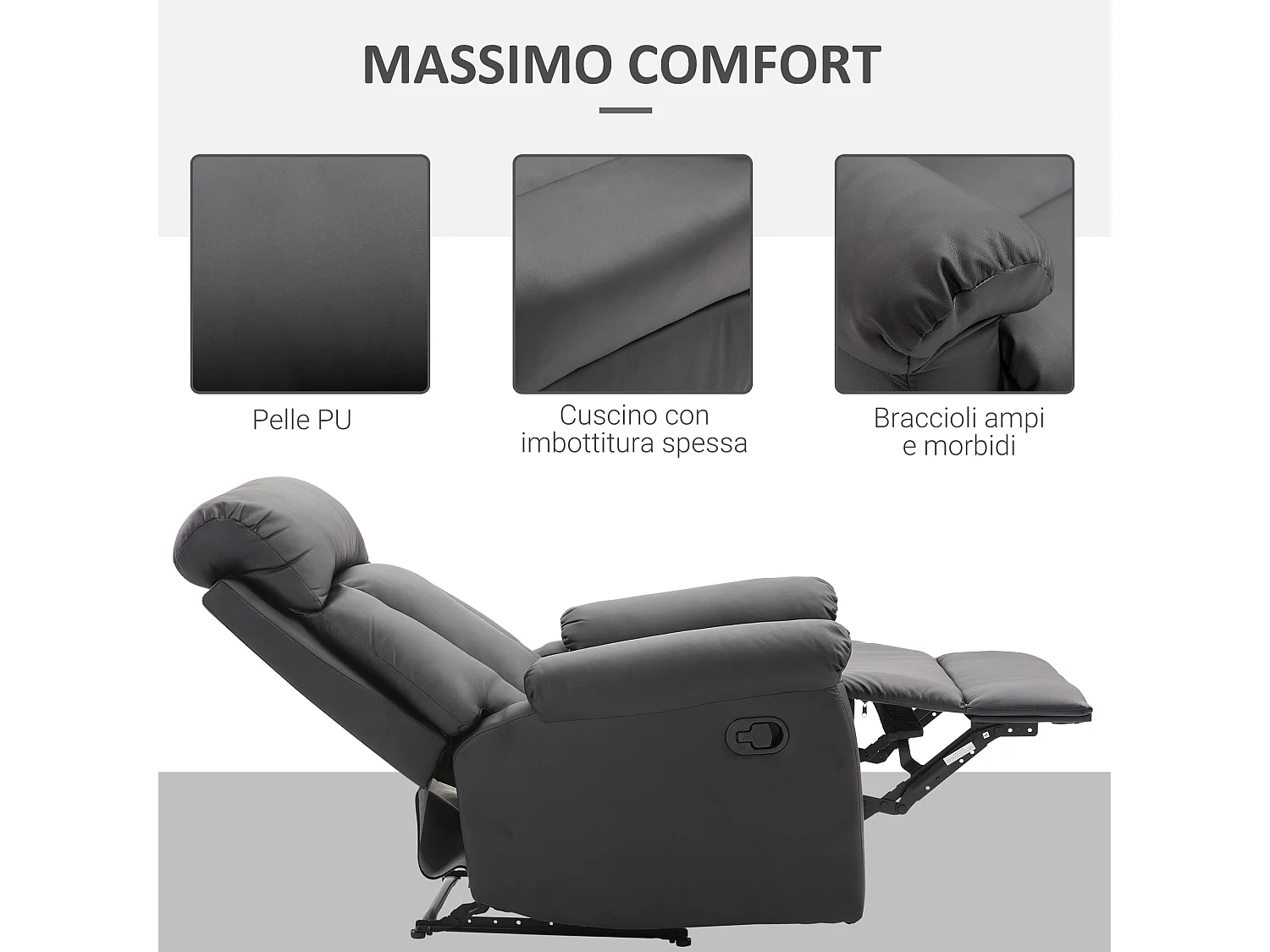 Poltrona relax reclinabile manualmente imbottita ed ergonomica nero