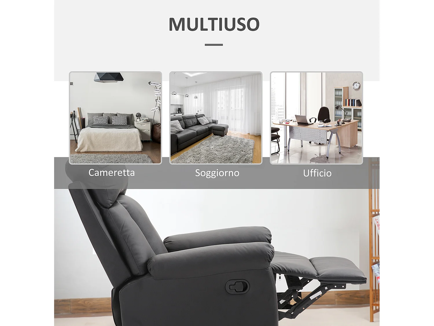 Poltrona relax reclinabile manualmente imbottita ed ergonomica nero