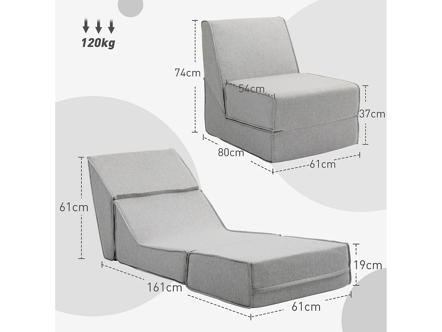 Poltrona da pavimento convertibile in chaise longue grigio chiaro