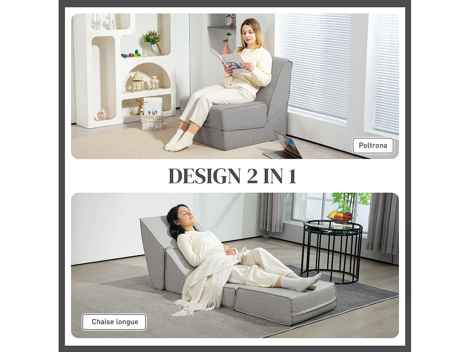 Poltrona da pavimento convertibile in chaise longue grigio chiaro