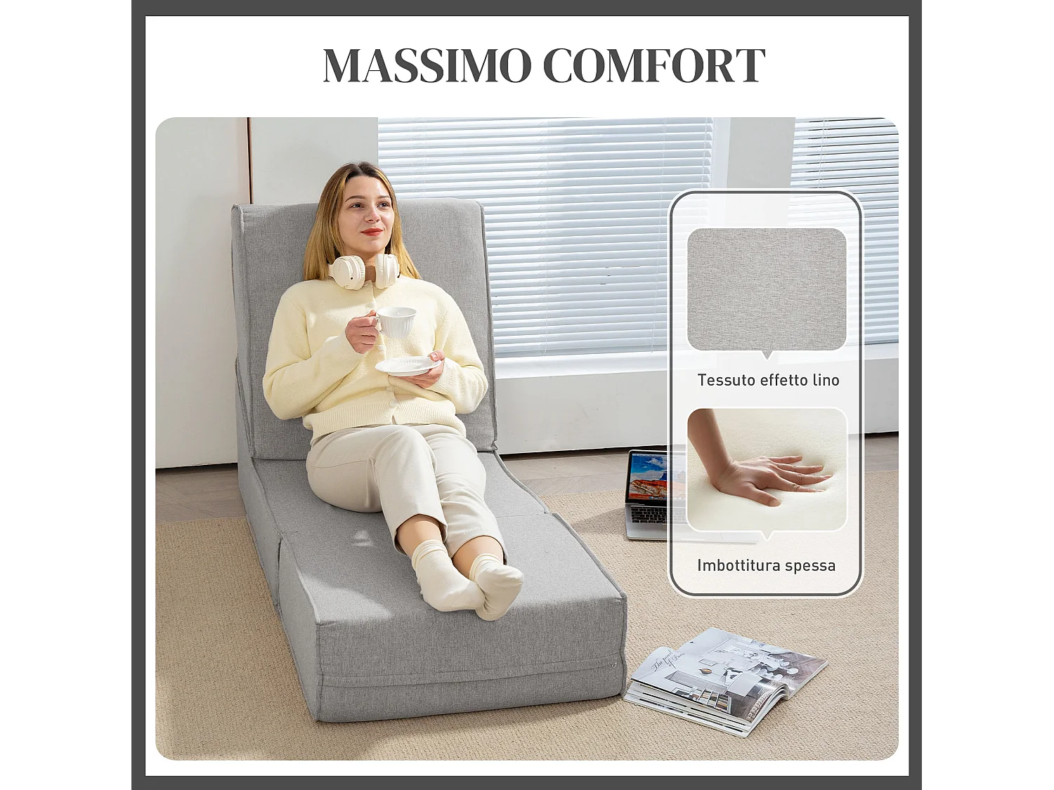 Poltrona da pavimento convertibile in chaise longue grigio chiaro