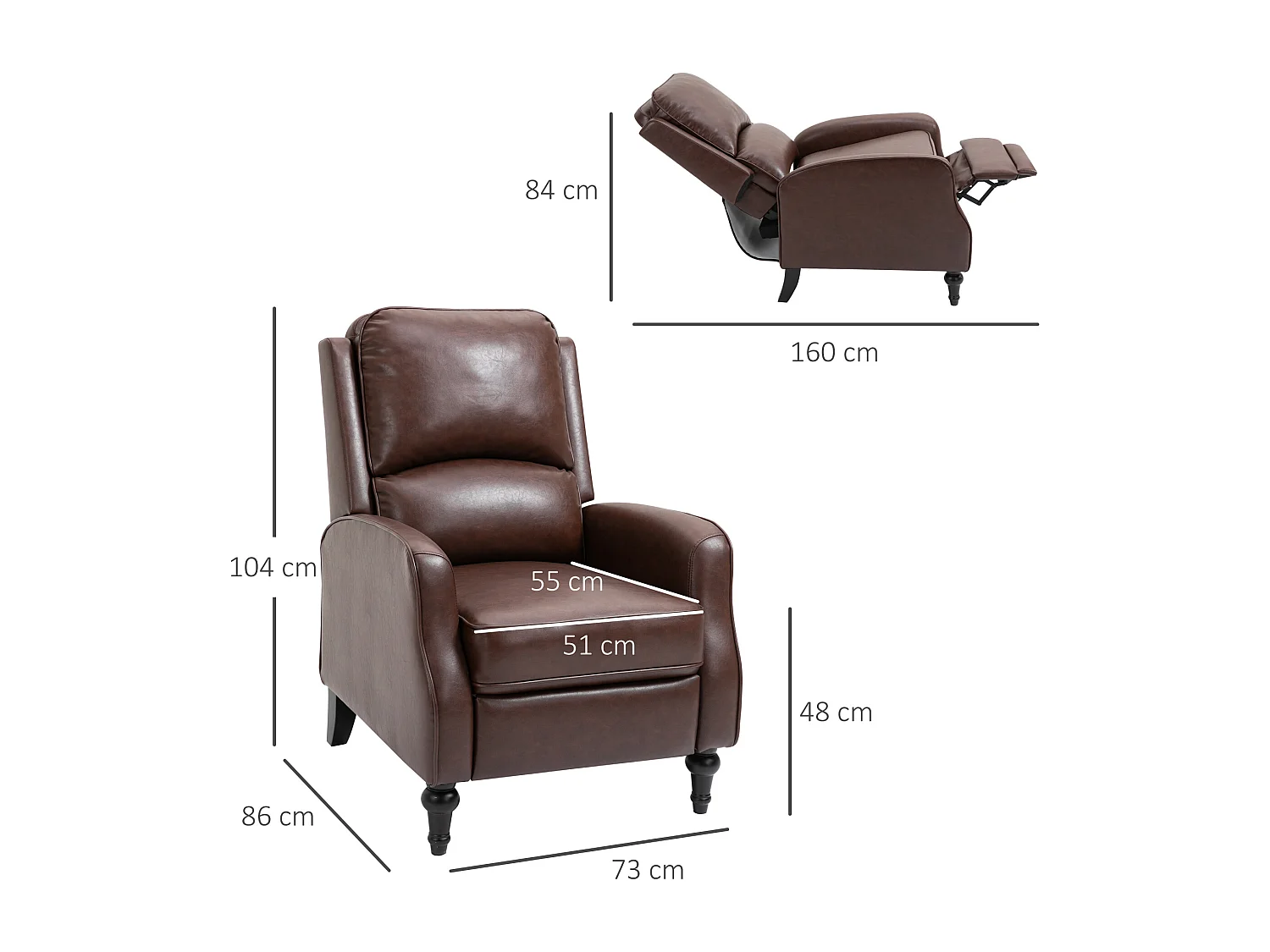 Poltrona relax reclinabile 90° e 150° manuale in pelle marrone