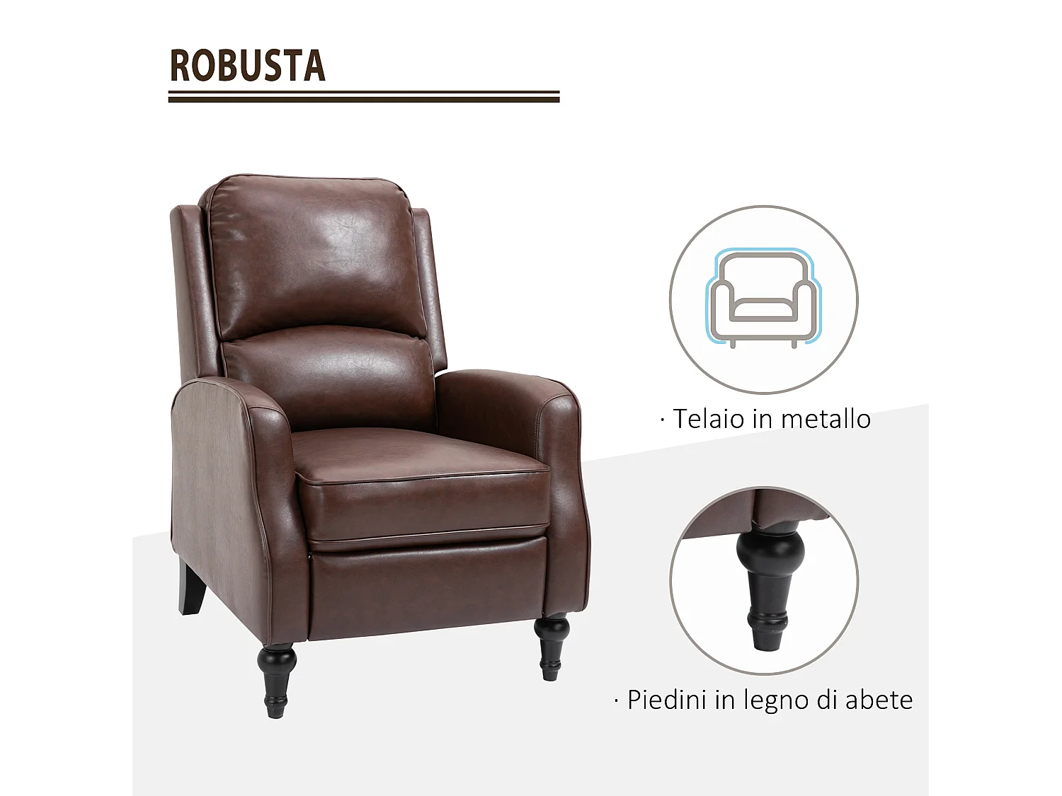 Poltrona relax reclinabile 90° e 150° manuale in pelle marrone