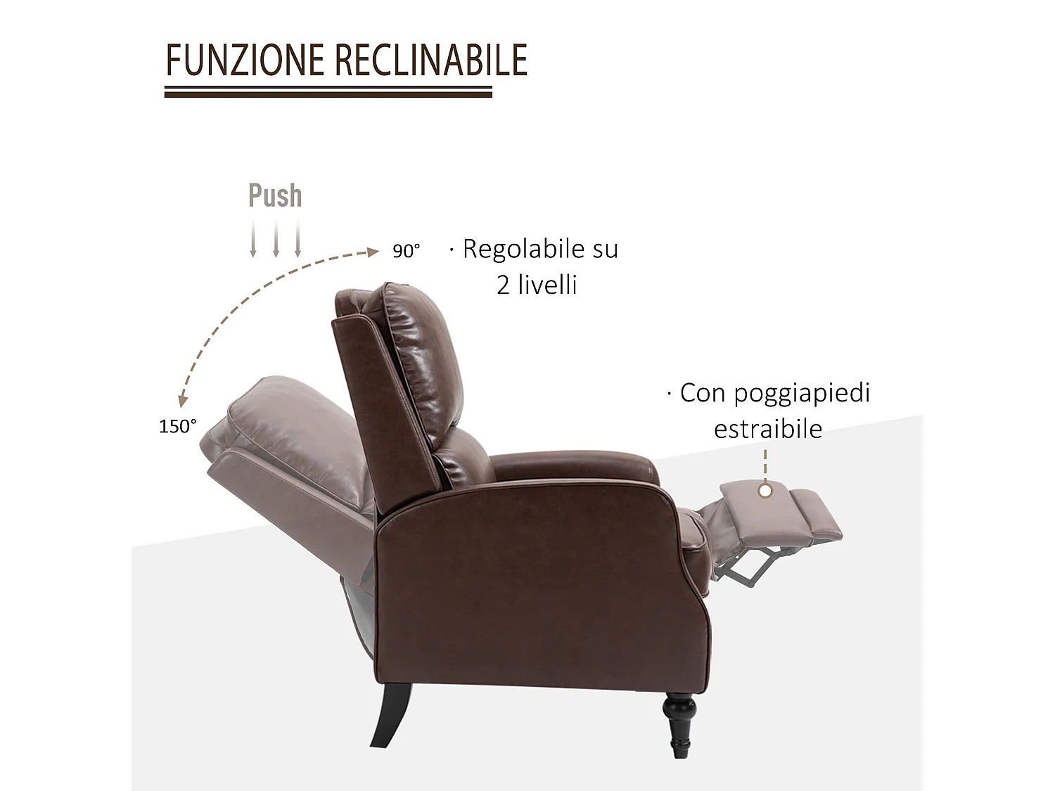 Poltrona relax reclinabile 90° e 150° manuale in pelle marrone