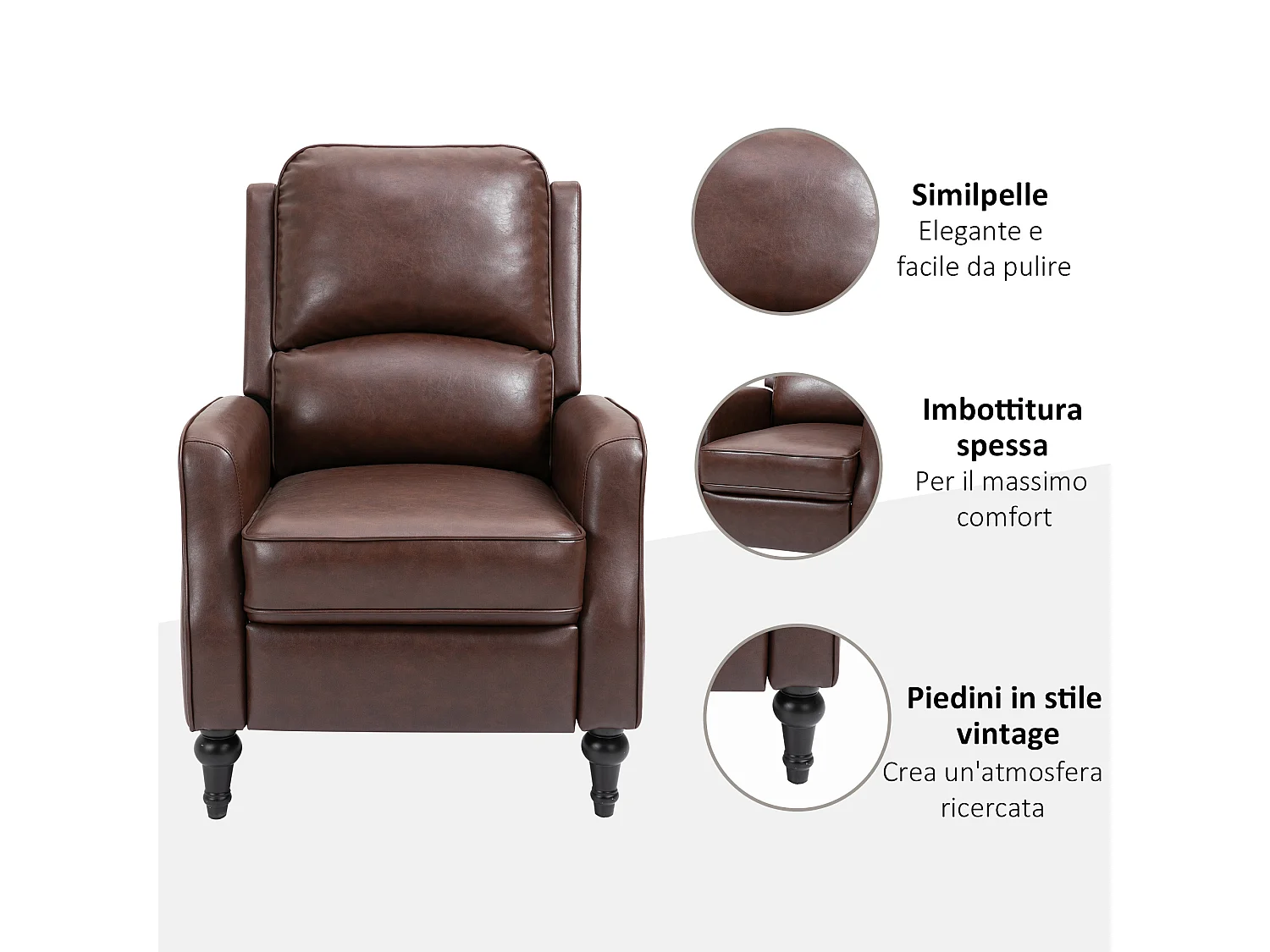 Poltrona relax reclinabile 90° e 150° manuale in pelle marrone