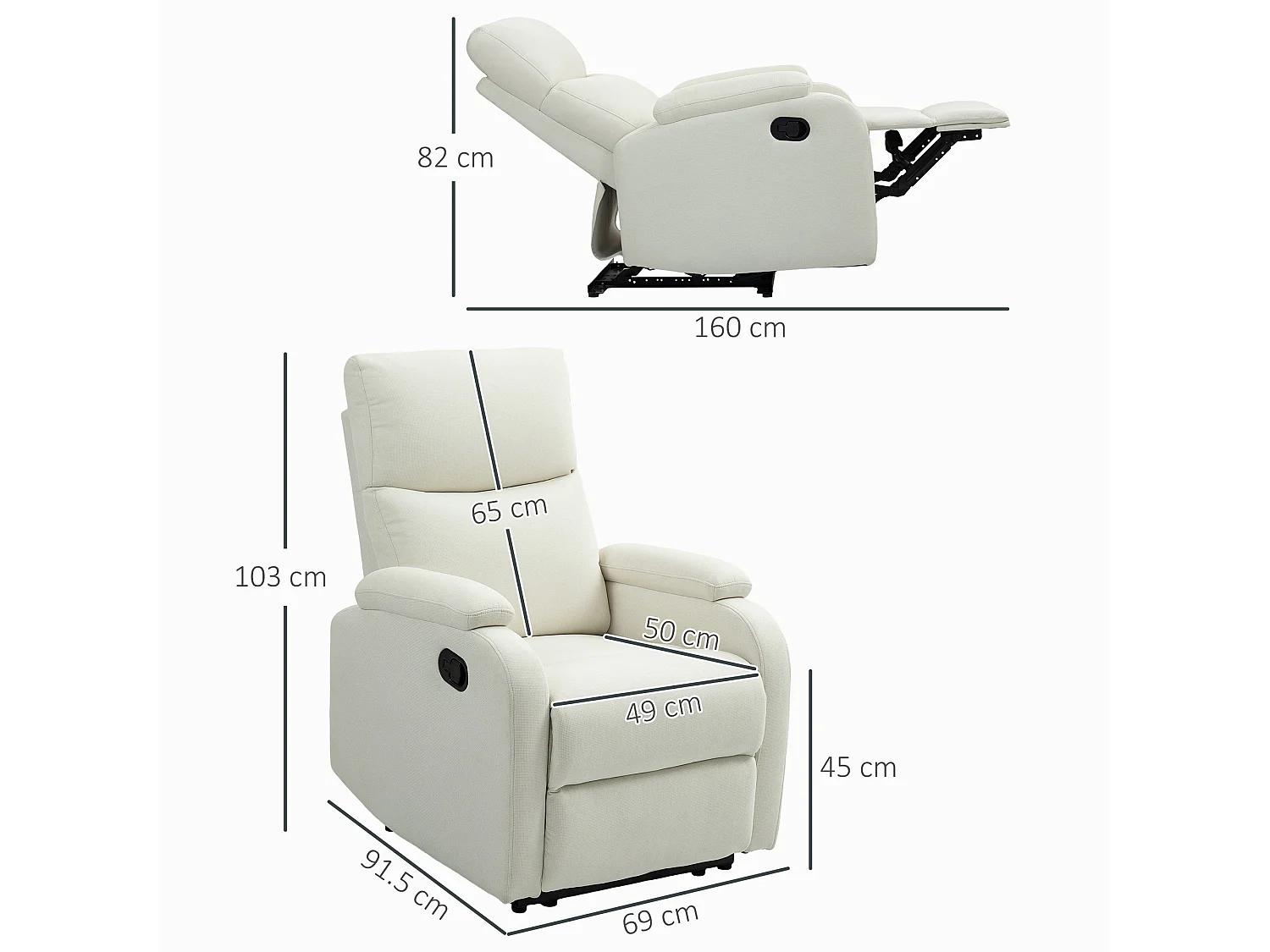 Poltrona reclinabile manualmente con poggiapiedi in tessuto crema