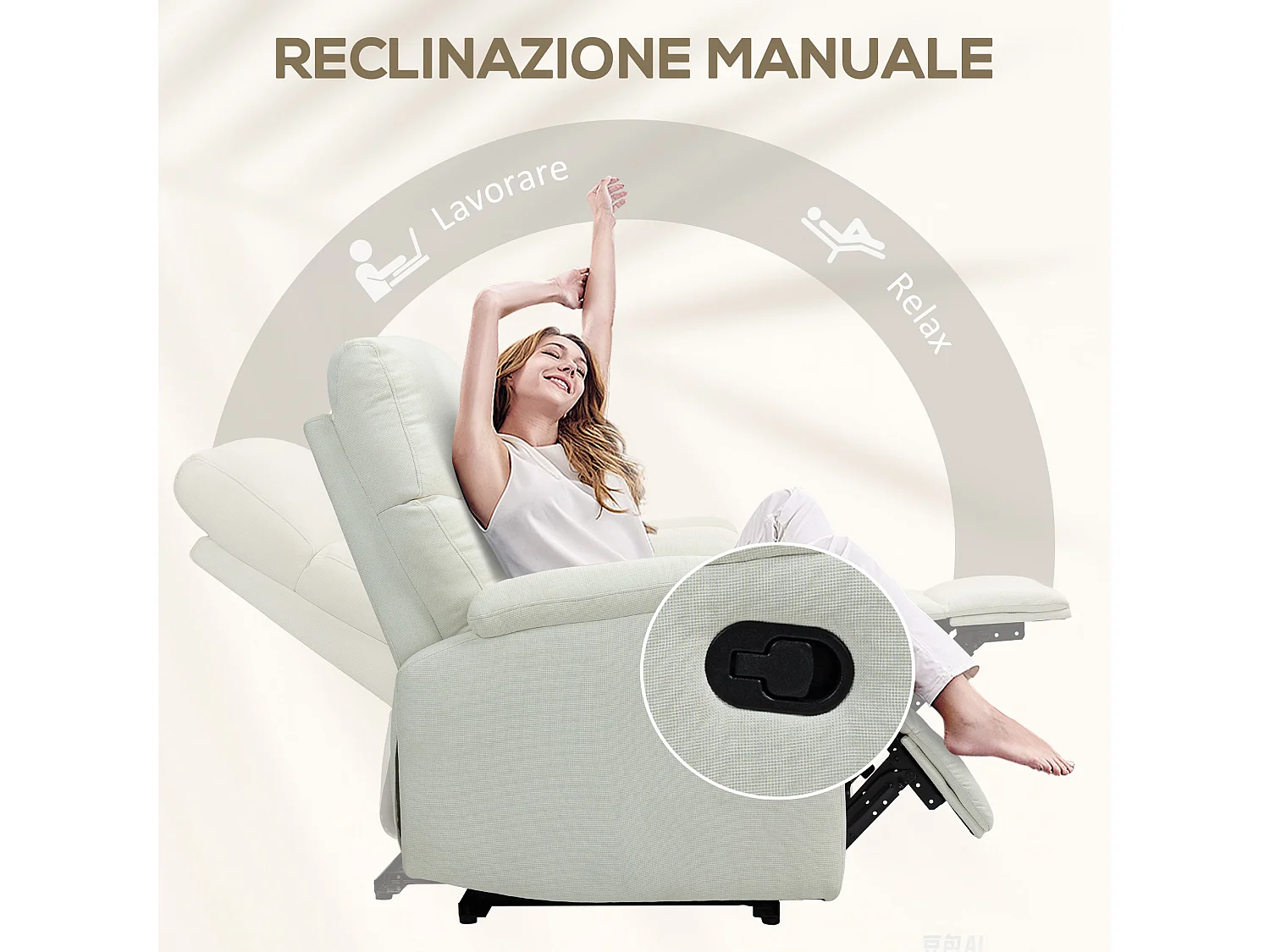Poltrona reclinabile manualmente con poggiapiedi in tessuto crema