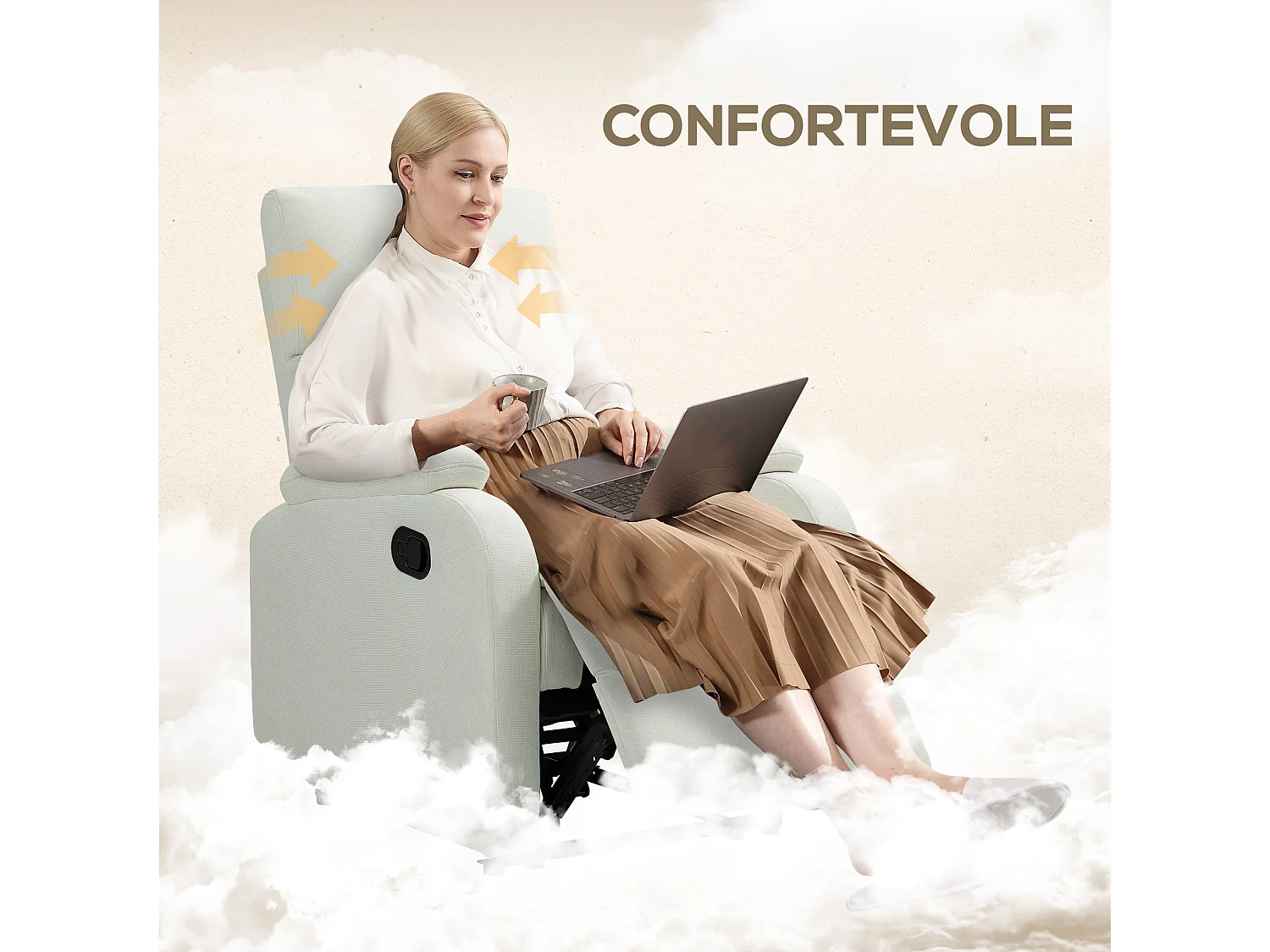 Poltrona reclinabile manualmente con poggiapiedi in tessuto crema