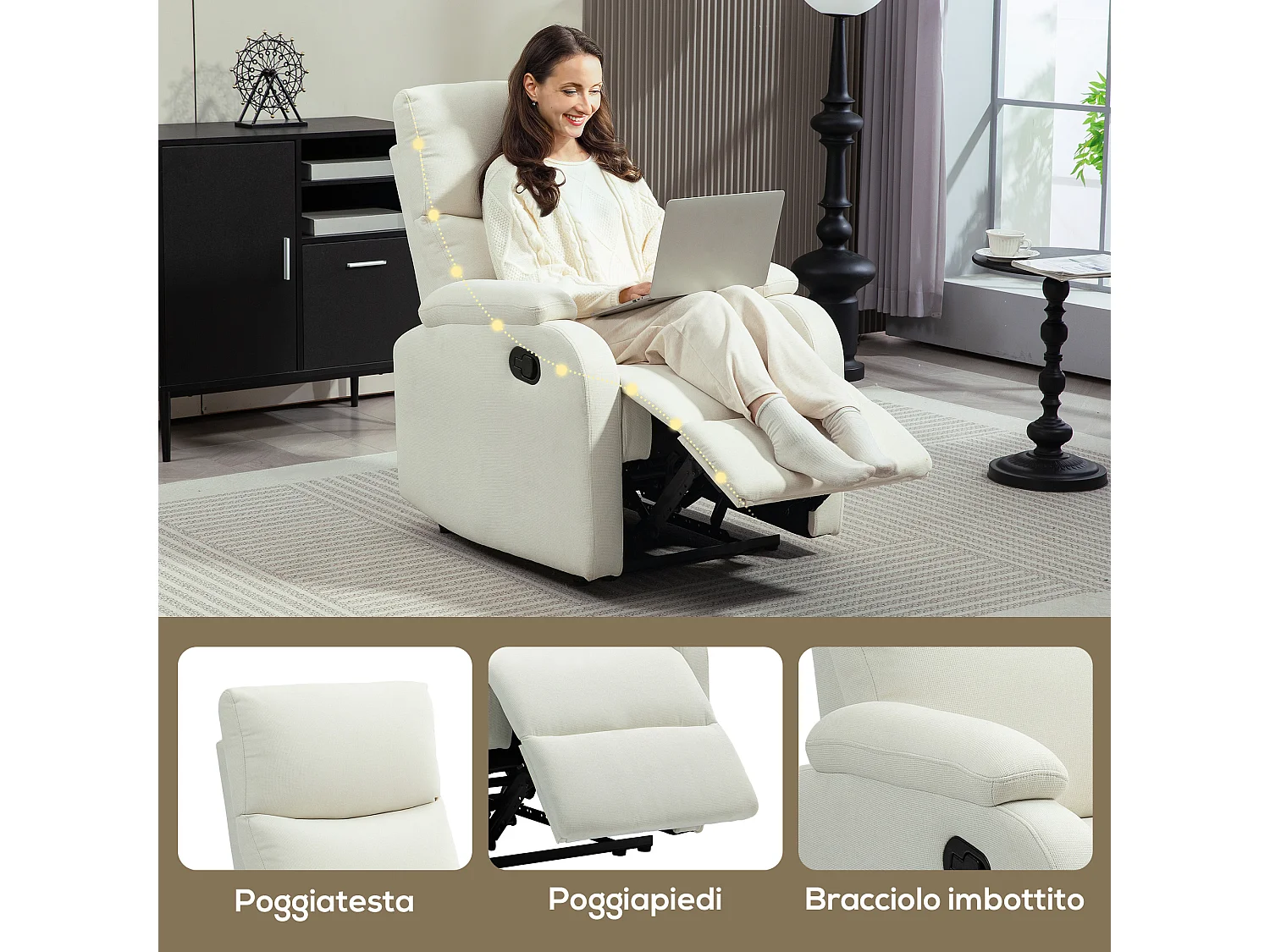 Poltrona reclinabile manualmente con poggiapiedi in tessuto crema