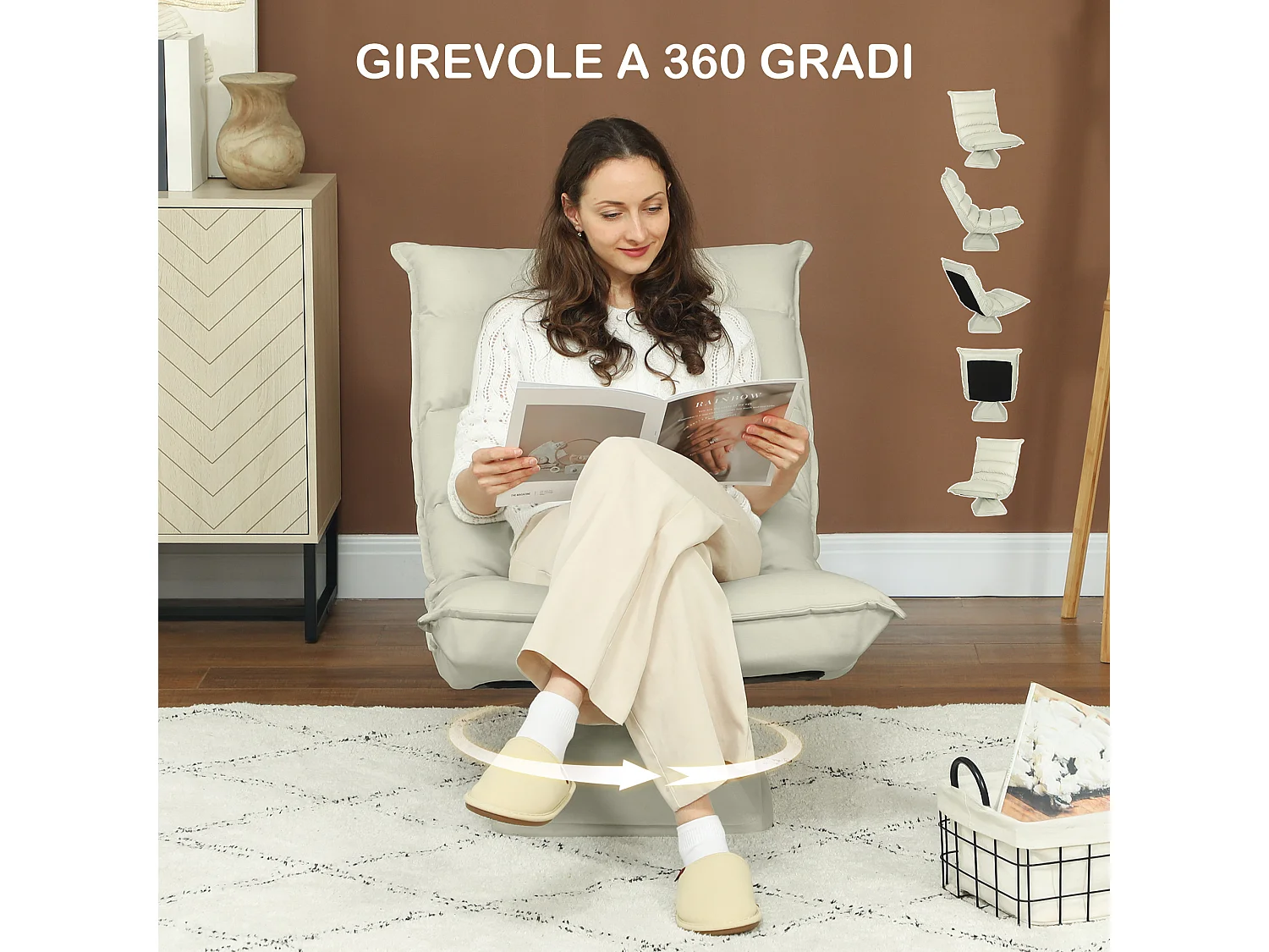 Poltrona in tessuto reclinabile a 3 livelli e girevole a 360°